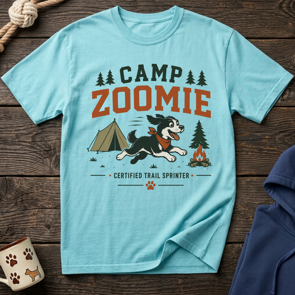 Light blue t-shirt with "Camp Zoomie Certified Trail Sprinter" text and cartoon dog.