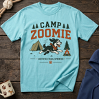 Light blue t-shirt with "Camp Zoomie Certified Trail Sprinter" text and cartoon dog.