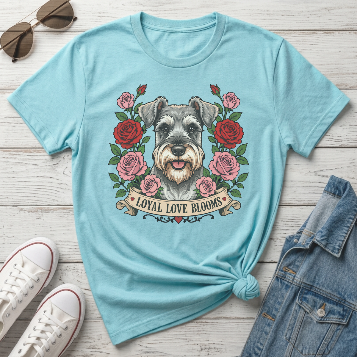 Light blue t-shirt with Schnauzer dog art and banner reading "Loyal Love Blooms."