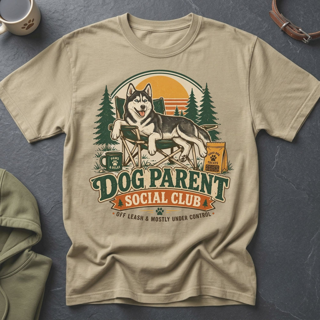 Tan t-shirt with husky graphic, "Dog Parent Social Club" text, and outdoor scene.