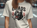 White t-shirt with black dog head graphic, red accents, and "CHAOS" text.