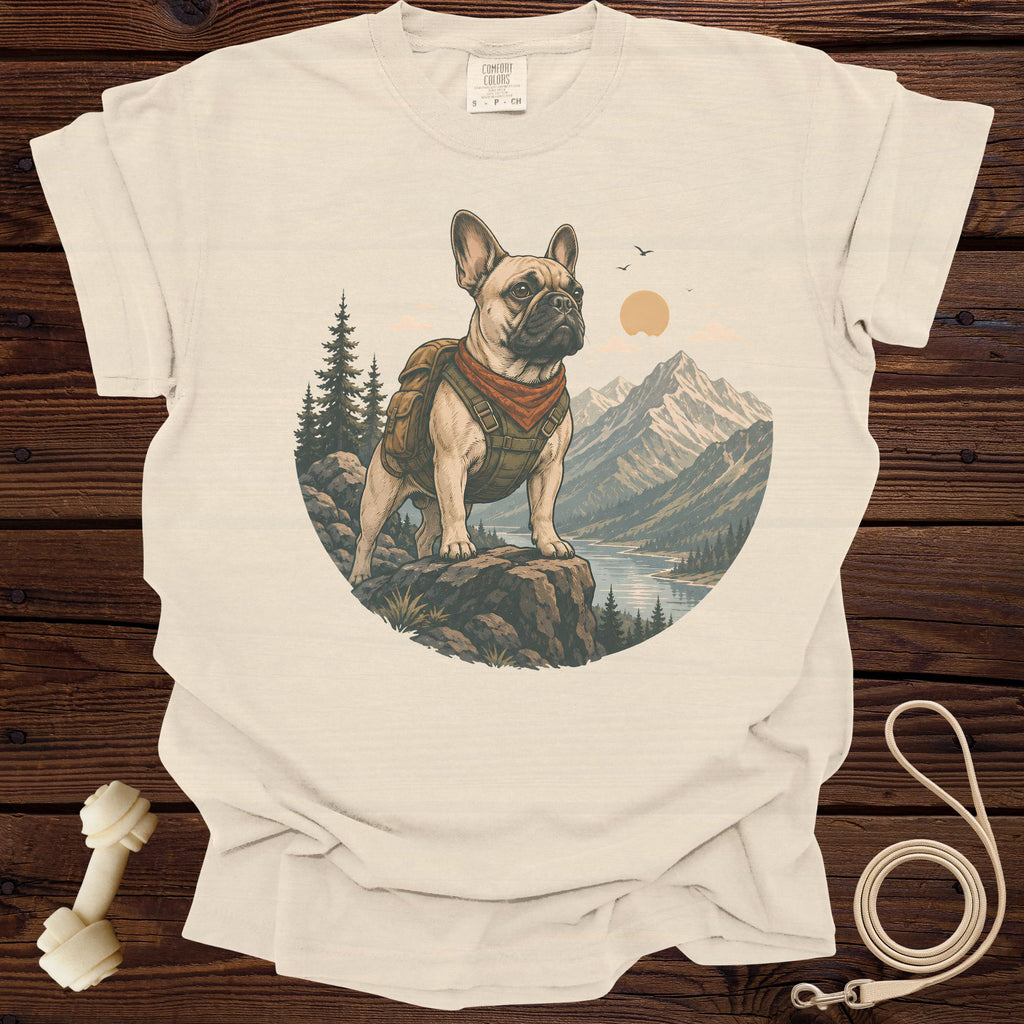 French bulldog wearing backpack and bandana on mountain overlook with lake and sun.