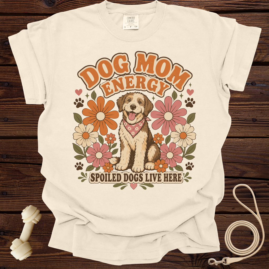 Cream t-shirt with "Dog Mom Energy" text, a dog, and flowers.