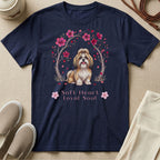 Navy t-shirt with a Shih Tzu dog design surrounded by cherry blossoms and text.