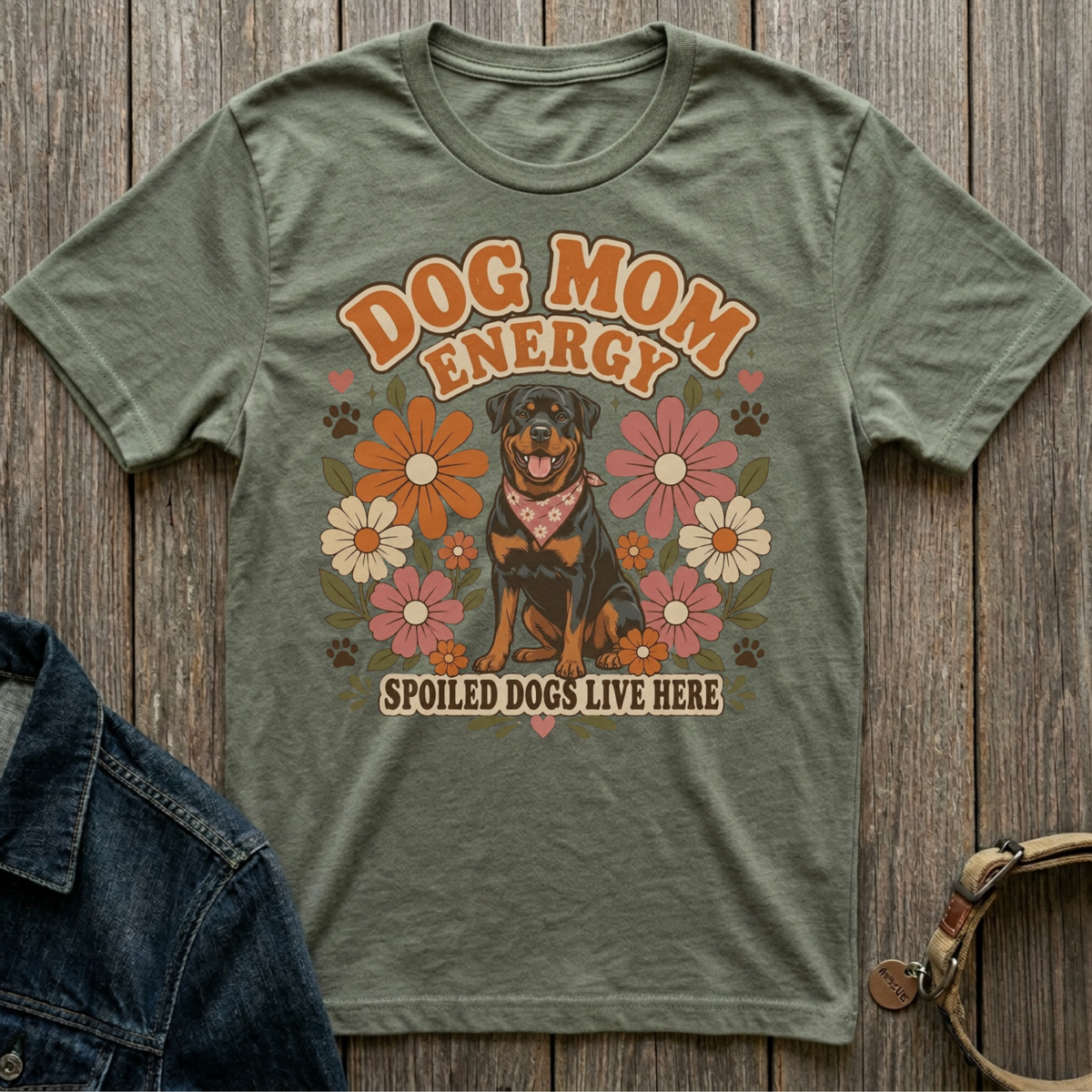 Green t-shirt with Rottweiler graphic and text "Dog Mom Energy" and "Spoiled Dogs Live Here".