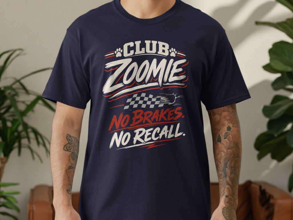 Navy t-shirt with "CLUB ZOOMIE NO BRAKES. NO RECALL." text and checkered flag graphic.