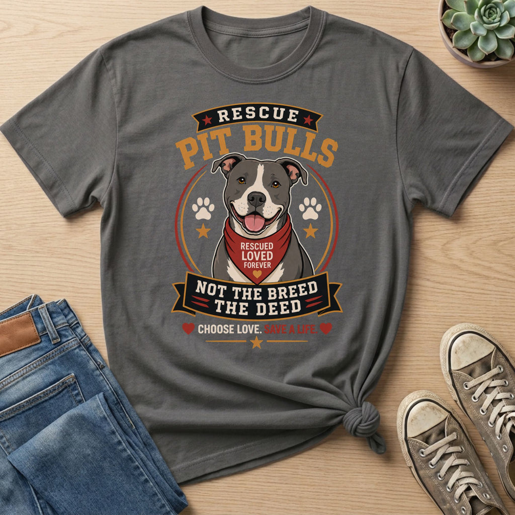 Grey t-shirt with Pit Bull graphic and text "Rescue Pit Bulls."
