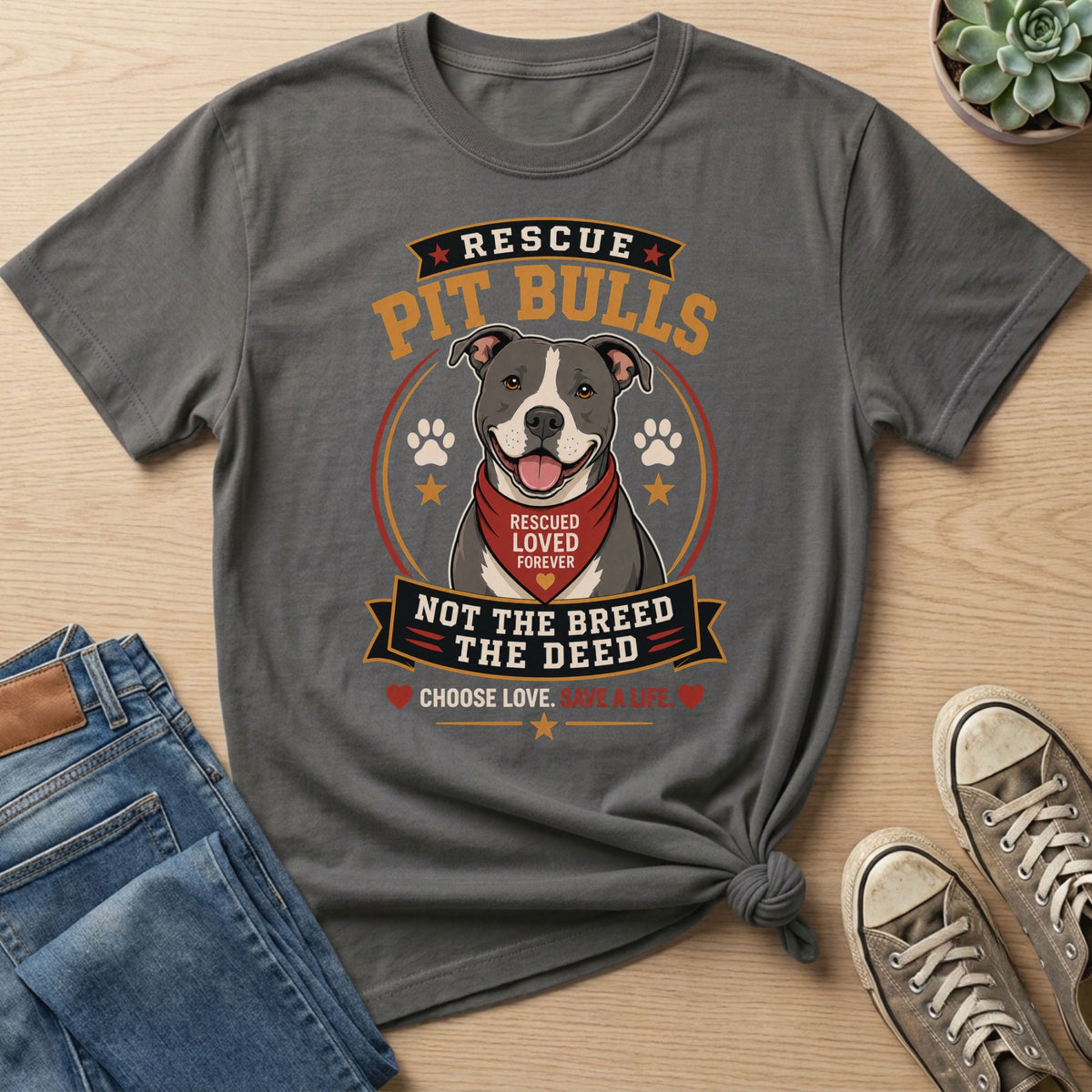 Grey t-shirt with Pit Bull graphic and text "Rescue Pit Bulls."