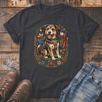 Dark gray t-shirt with a happy dog illustration surrounded by flowers and hearts.