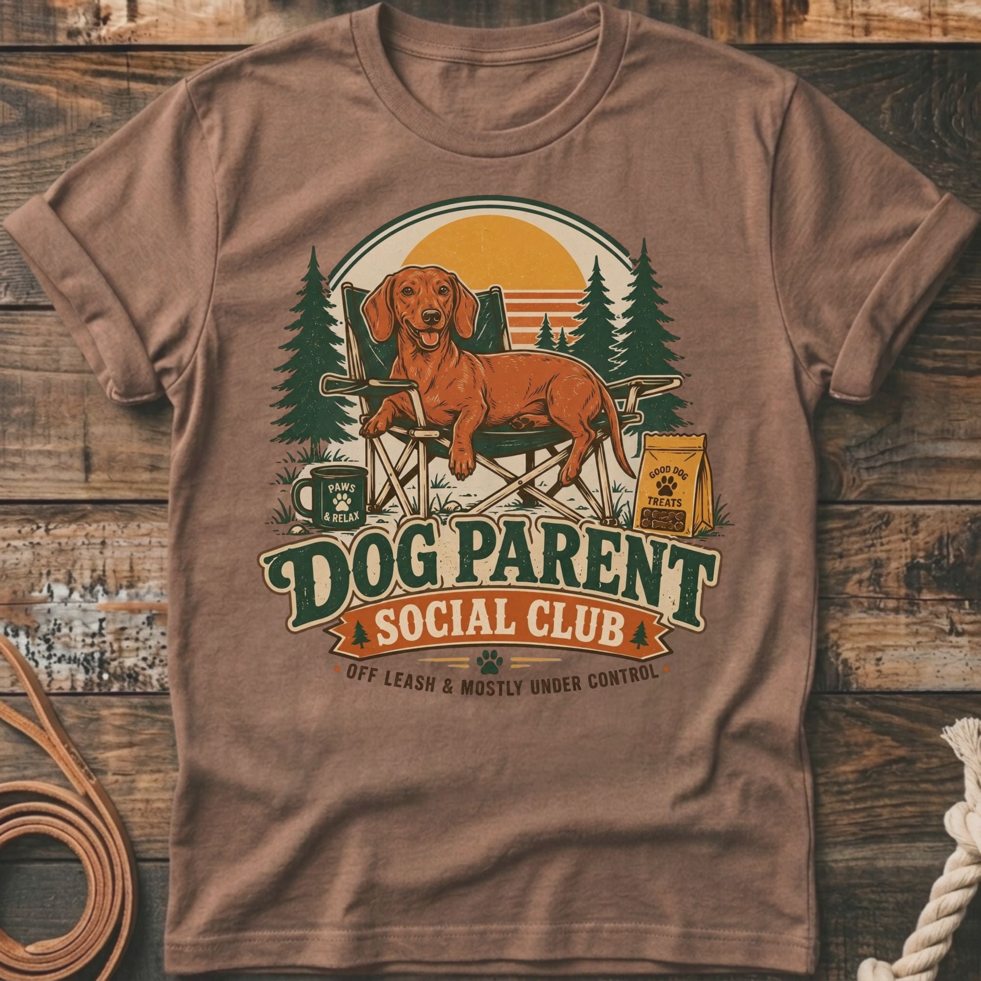 Brown t-shirt with dachshund on chair, "Dog Parent Social Club" text, and dog treats bag.