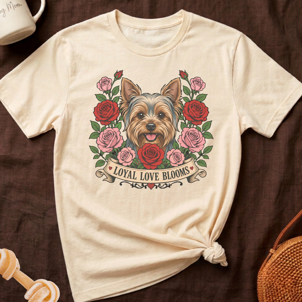 Cream t-shirt with a Yorkshire terrier illustration surrounded by roses and the text "LOYAL LOVE BLOOMS".