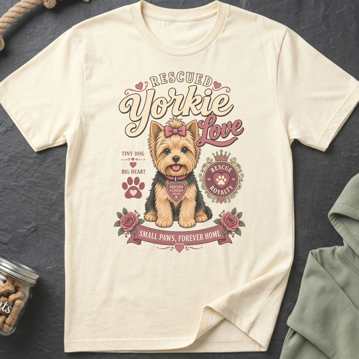 Yorkie t-shirt with rescued dog graphic and text "Rescued Yorkie Love".