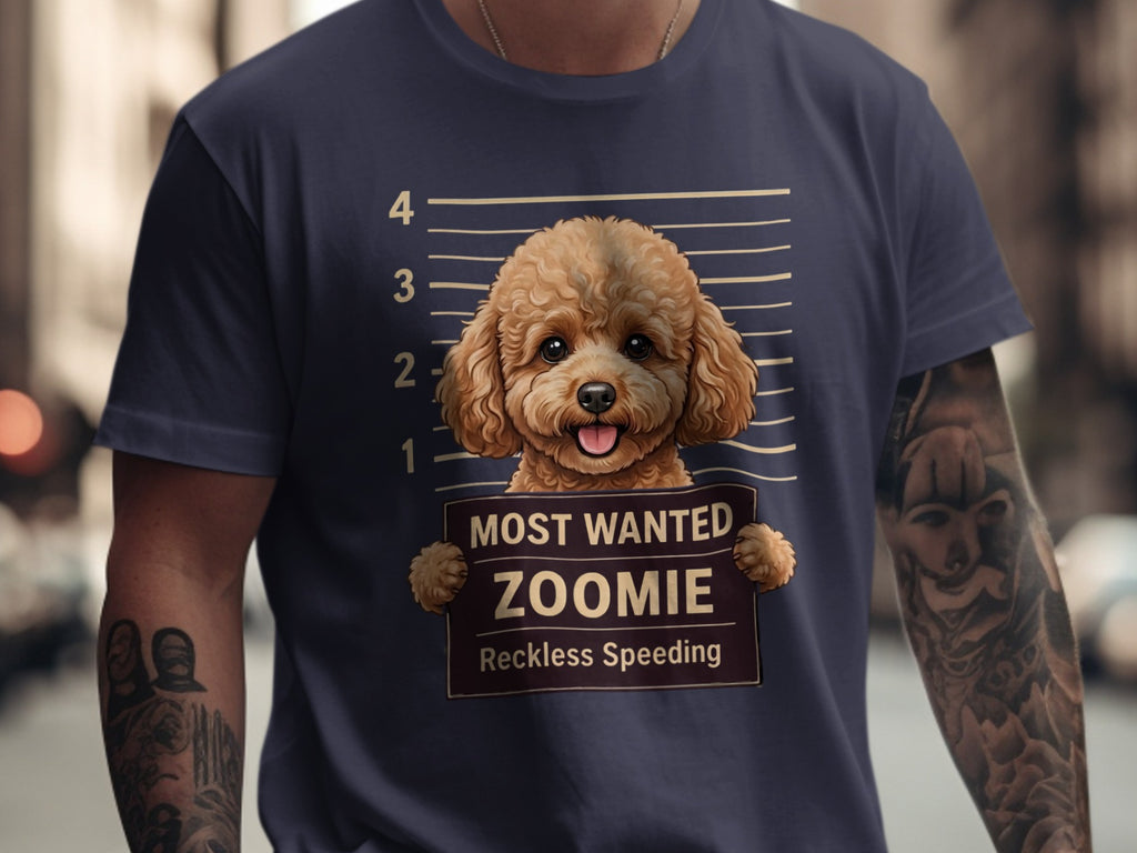 Dog with "Most Wanted Zoomie Reckless Speeding" sign on dark t-shirt.