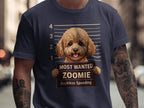 Dog with "Most Wanted Zoomie Reckless Speeding" sign on dark t-shirt.