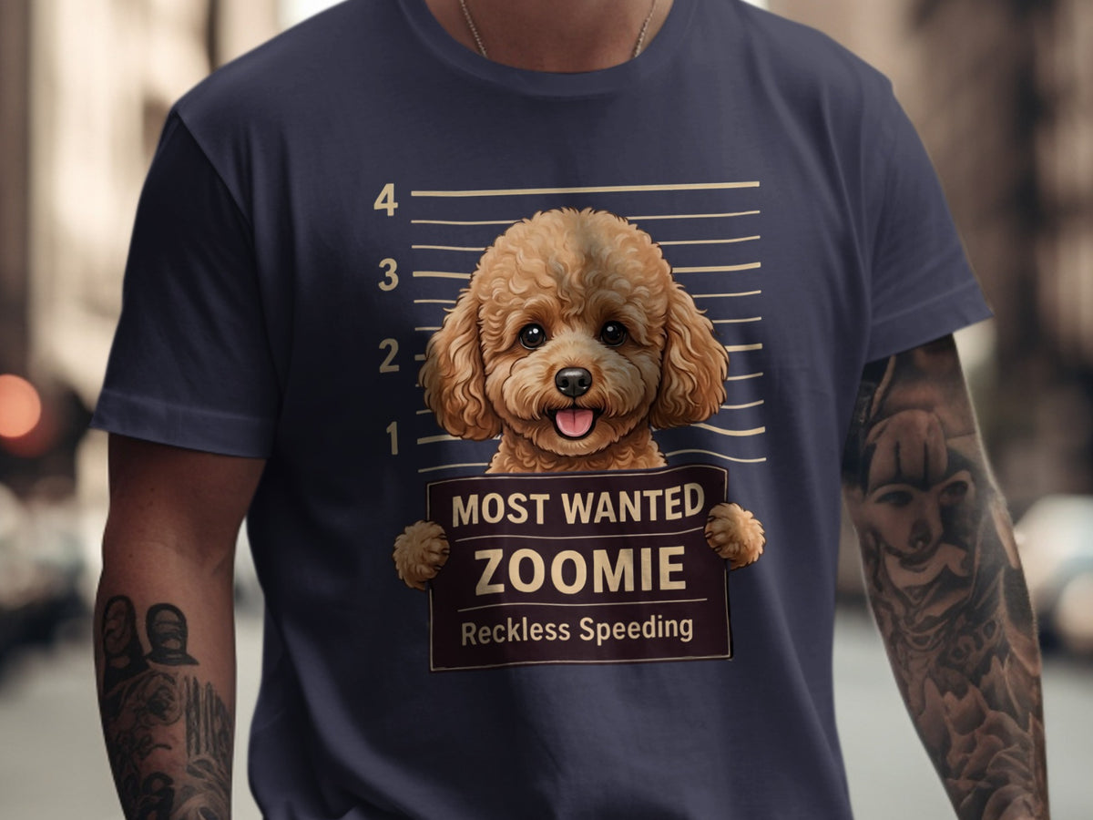 Dog with "Most Wanted Zoomie Reckless Speeding" sign on dark t-shirt.