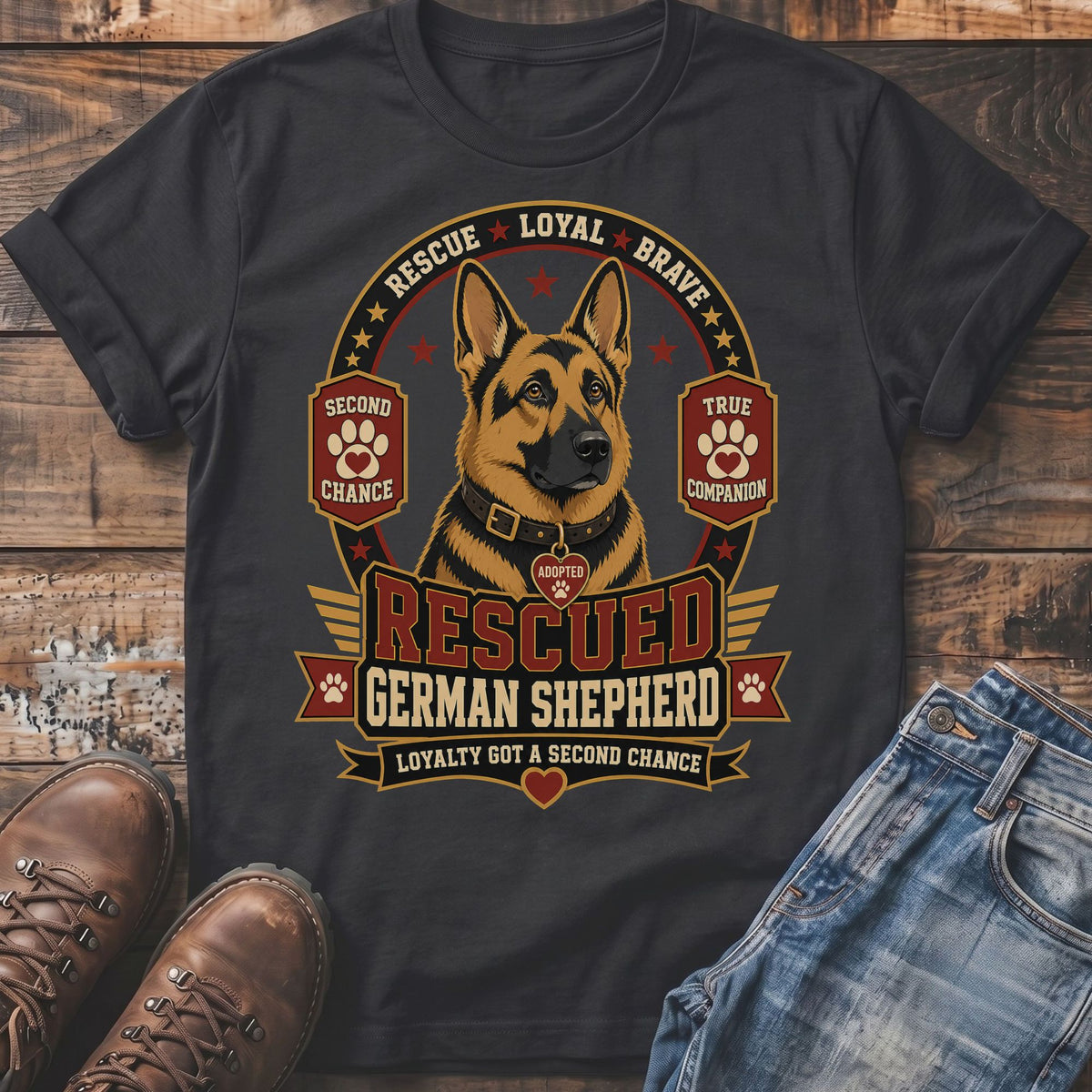 Dark t-shirt with rescued German Shepherd graphic and text.