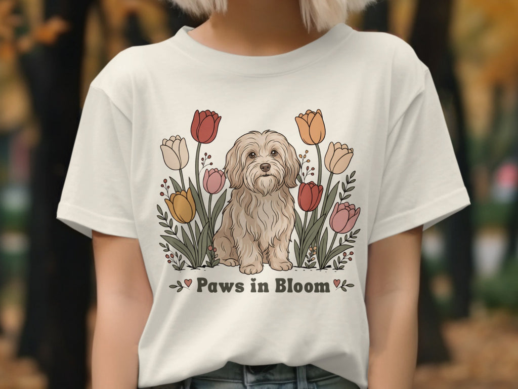 Cream t-shirt with a fluffy dog sitting among tulips, with "Paws in Bloom" text.
