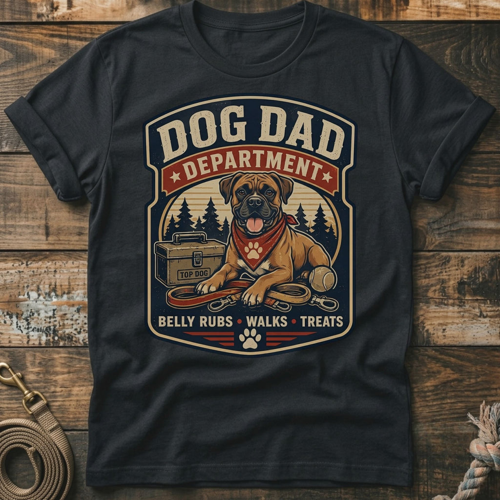 Dog Dad Department t-shirt with boxer dog, leash, treats, and tennis ball.