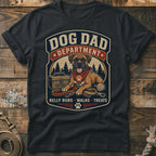 Dog Dad Department t-shirt with boxer dog, leash, treats, and tennis ball.