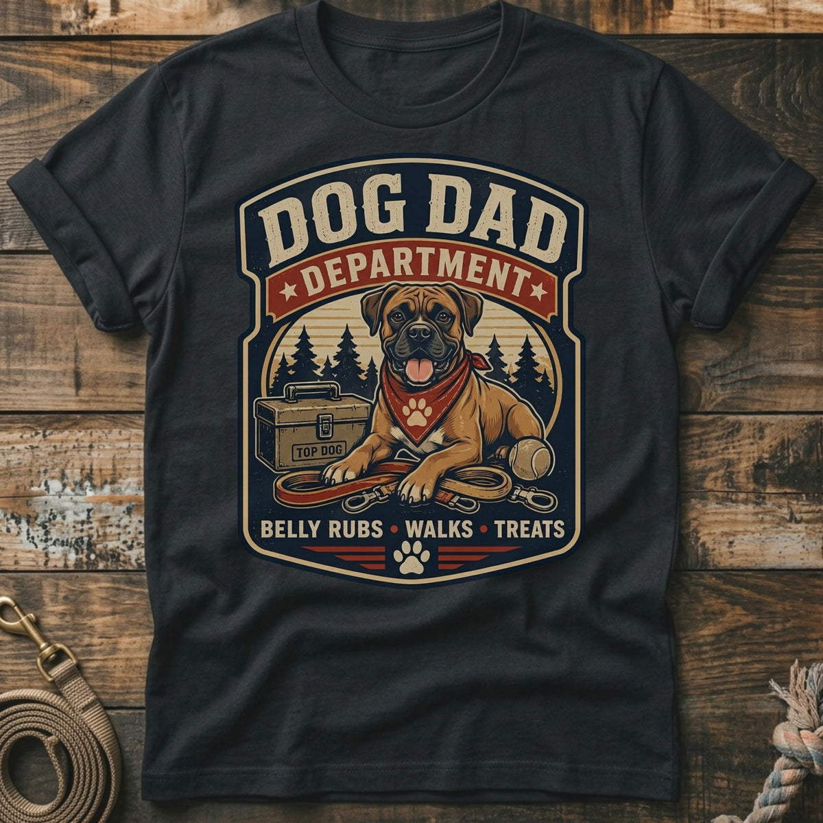 Dog Dad Department t-shirt with boxer dog, leash, treats, and tennis ball.