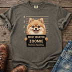 T-shirt with Pomeranian dog mugshot, "Most Wanted Zoomie," and "Reckless Speeding."