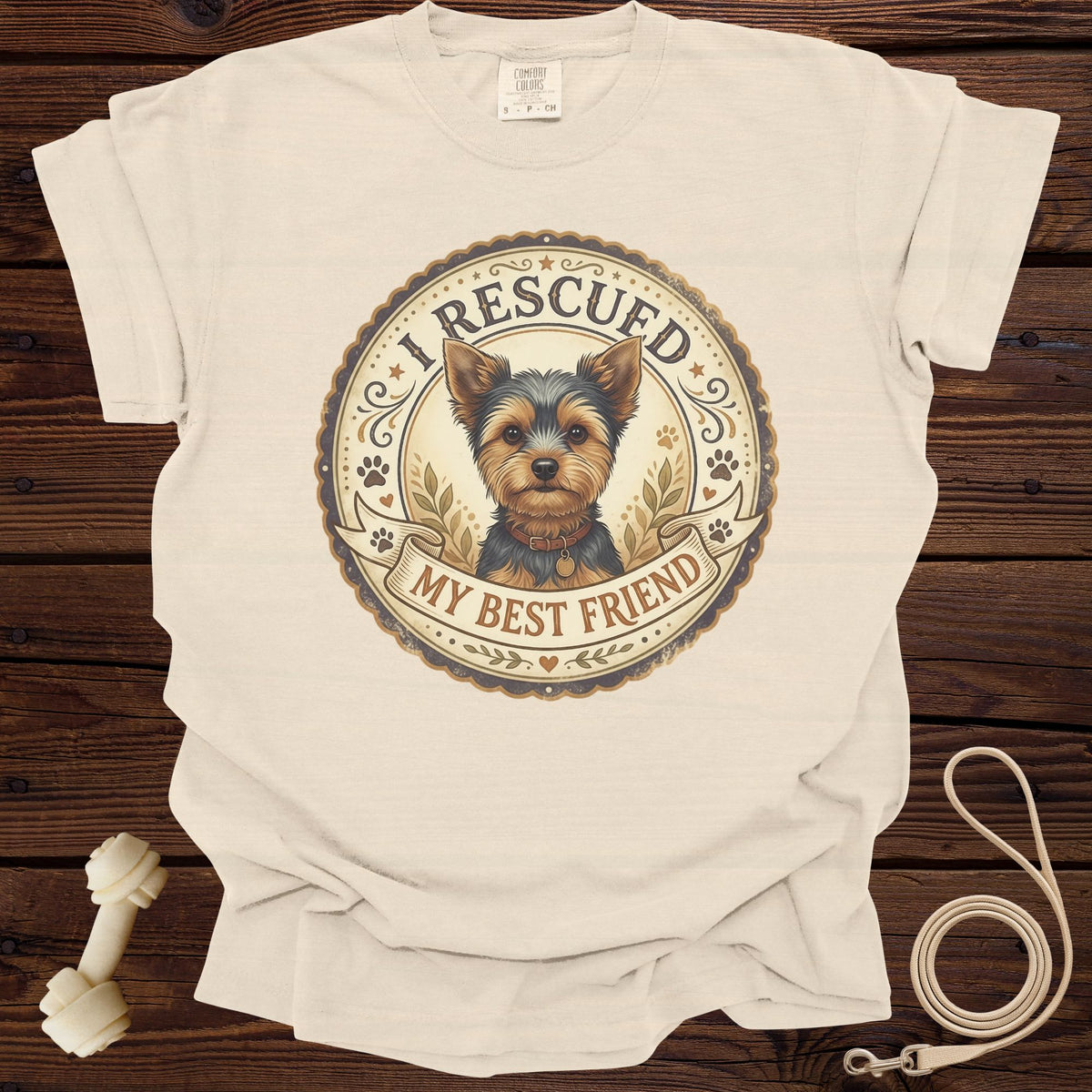 Cream t-shirt with Yorkshire Terrier graphic and text "I rescued my best friend."