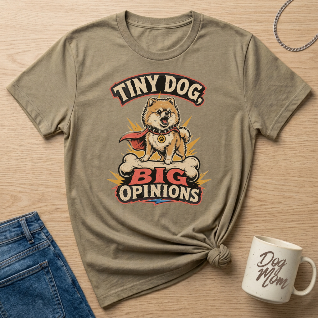 T-shirt with "Tiny Dog, Big Opinions" graphic featuring a Pomeranian on a bone.