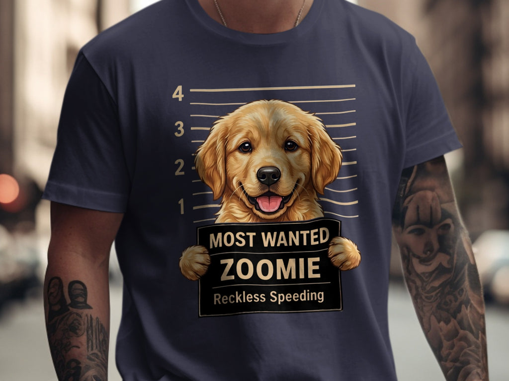 Golden retriever mugshot with text "Most Wanted Zoomie Reckless Speeding".