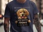 Golden retriever mugshot with text "Most Wanted Zoomie Reckless Speeding".