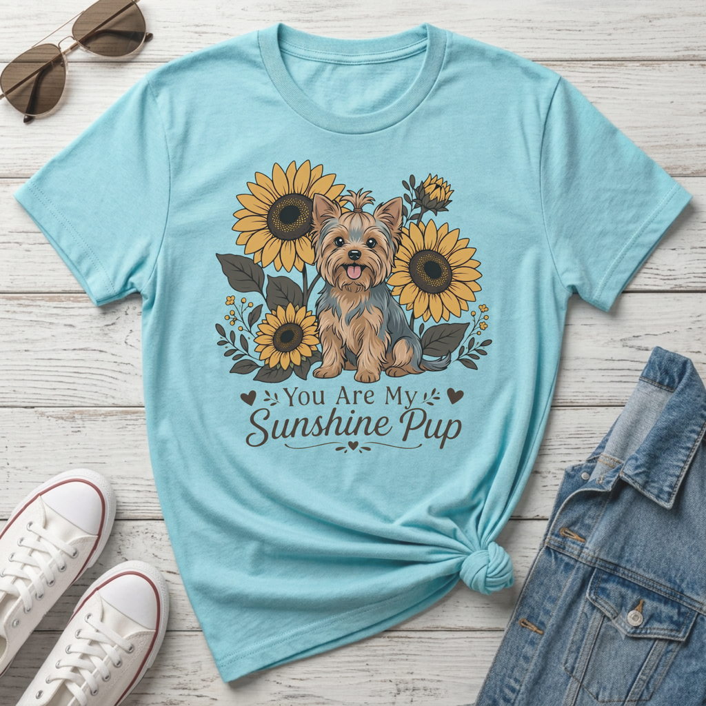 Light blue t-shirt with a Yorkshire Terrier and sunflowers, text "You Are My Sunshine Pup".