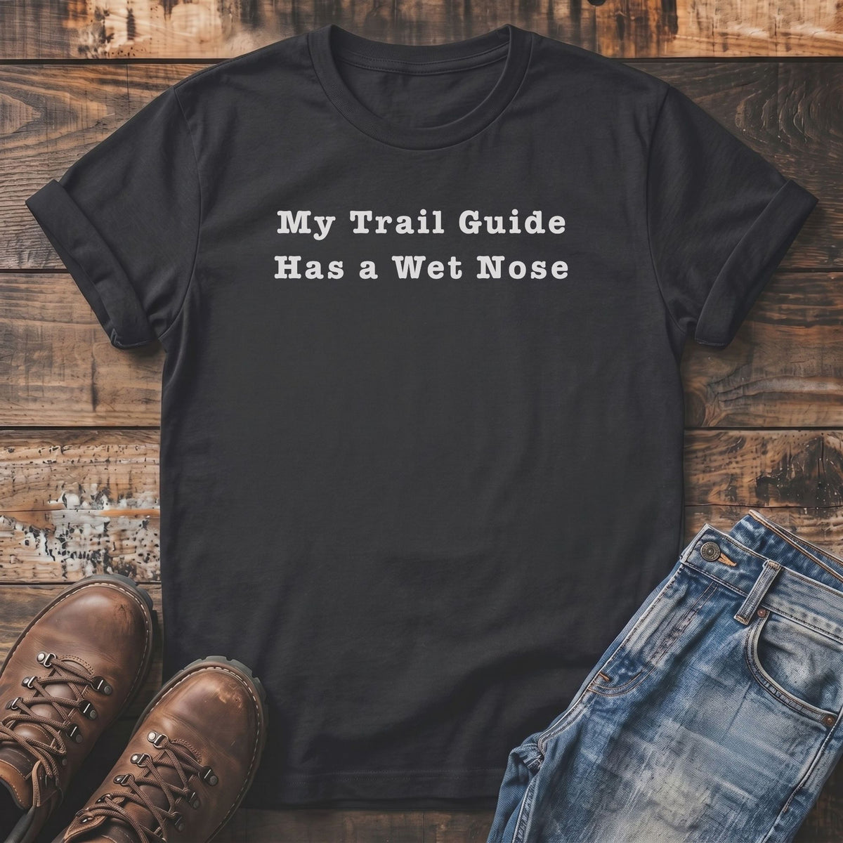 Black t-shirt with text "My Trail Guide Has a Wet Nose" and denim.