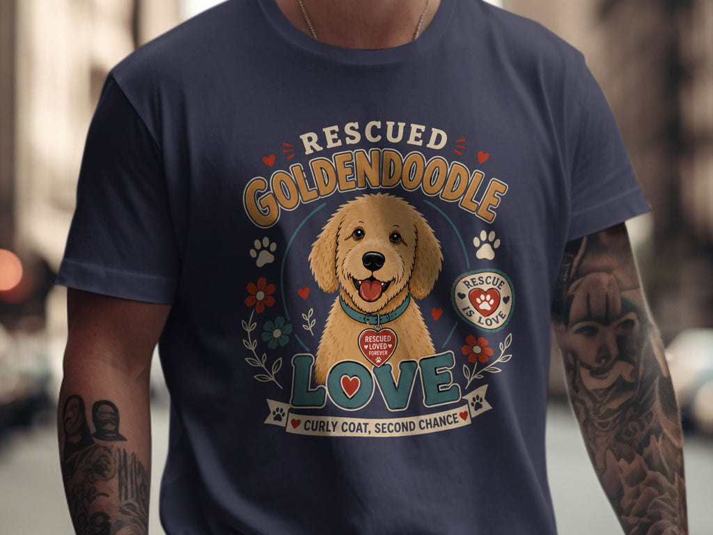 "Rescued Goldendoodle Love" text with a happy dog, flowers, paw prints, and heart designs.