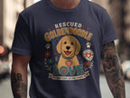 "Rescued Goldendoodle Love" text with a happy dog, flowers, paw prints, and heart designs.