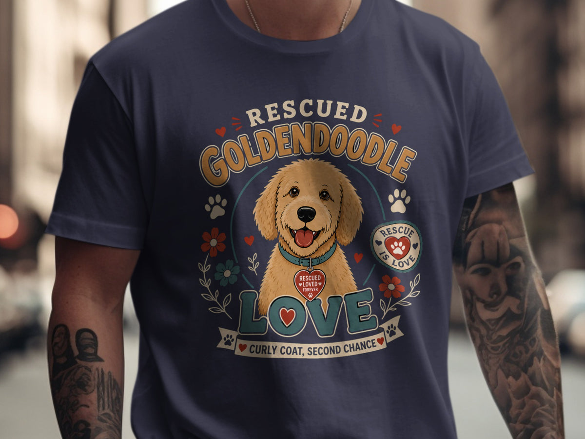 "Rescued Goldendoodle Love" text with a happy dog, flowers, paw prints, and heart designs.