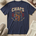 Navy t-shirt with a snarling Doberman and "CHAOS" text graphic.