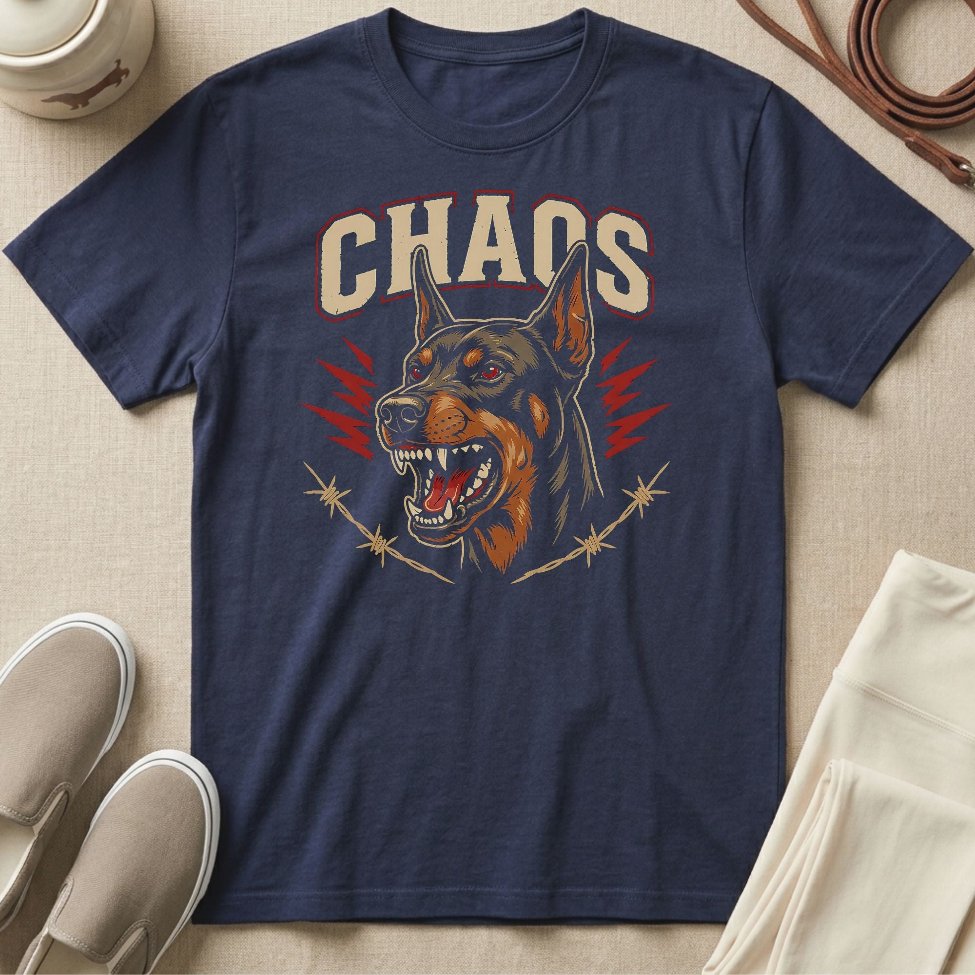 Navy t-shirt with a snarling Doberman and "CHAOS" text graphic.
