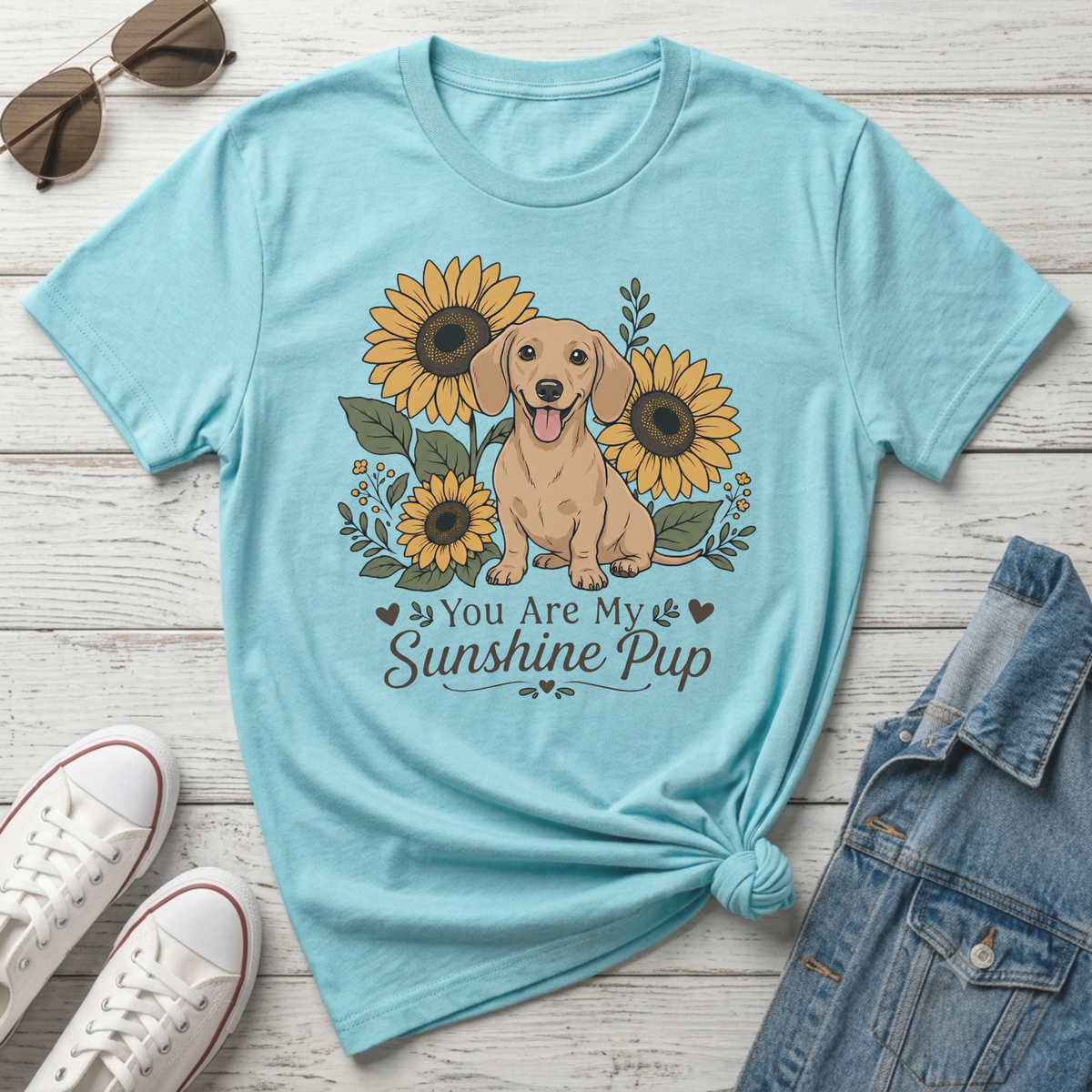 Dachshund dog with sunflowers and text "You Are My Sunshine Pup".
