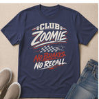 Navy t-shirt with "Club Zoomie No Brakes. No Recall." text and checkered flag graphic.
