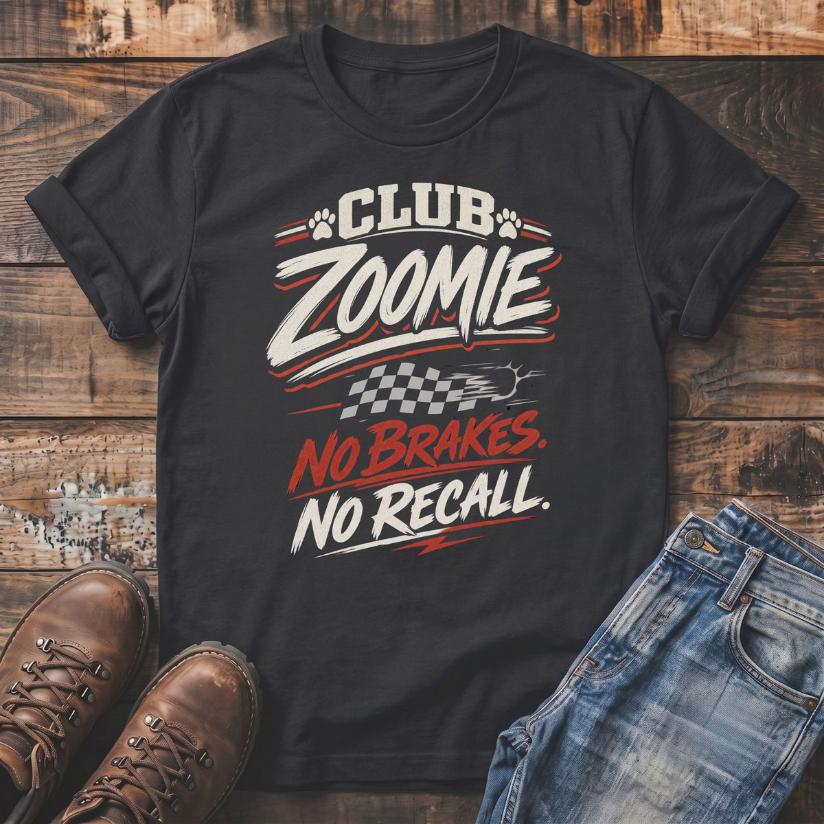 Black t-shirt with "Club Zoomie No Brakes No Recall" text and checkered flag graphic.