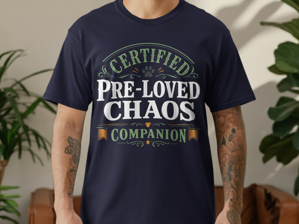 Navy t-shirt with text "CERTIFIED PRE-LOVED CHAOS COMPANION"