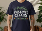 Navy t-shirt with text "CERTIFIED PRE-LOVED CHAOS COMPANION"