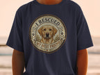 Dark blue t-shirt with a circular design featuring a yellow lab and the text "I RESCUED MY BEST FRIEND".