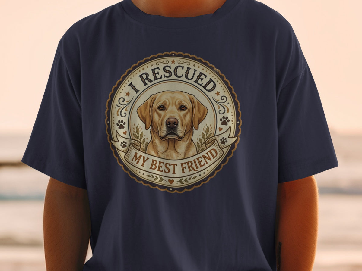 Dark blue t-shirt with a circular design featuring a yellow lab and the text "I RESCUED MY BEST FRIEND".