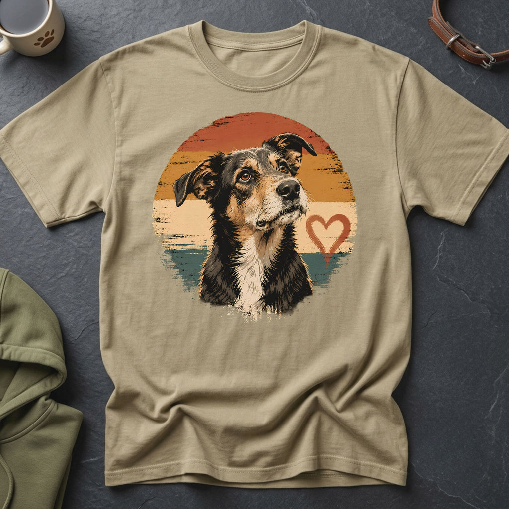 Tan t-shirt with a vintage distressed dog portrait and heart graphic.