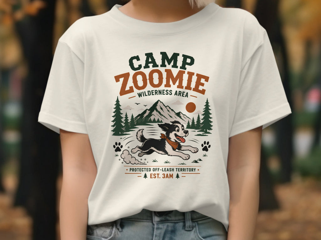 Camp Zoomie Wilderness Area graphic on white t-shirt featuring a running dog.