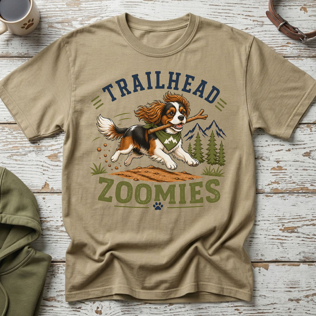 T-shirt with dog running with stick and text "TRAILHEAD ZOOMIES"