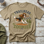 T-shirt with dog running with stick and text "TRAILHEAD ZOOMIES"