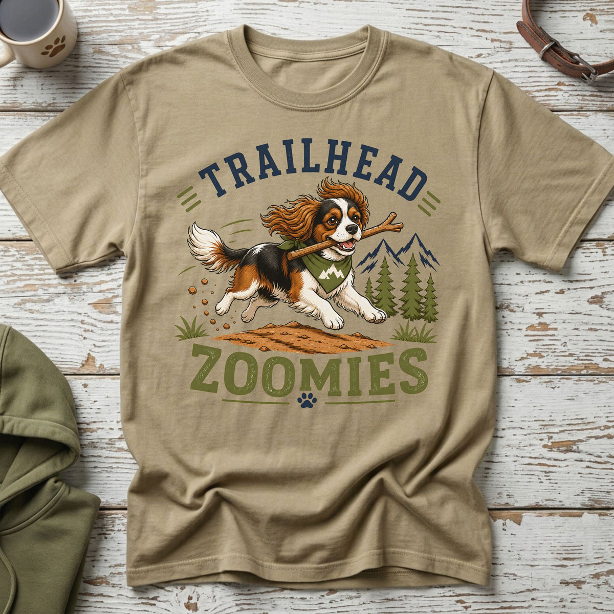 T-shirt with dog running with stick and text "TRAILHEAD ZOOMIES"