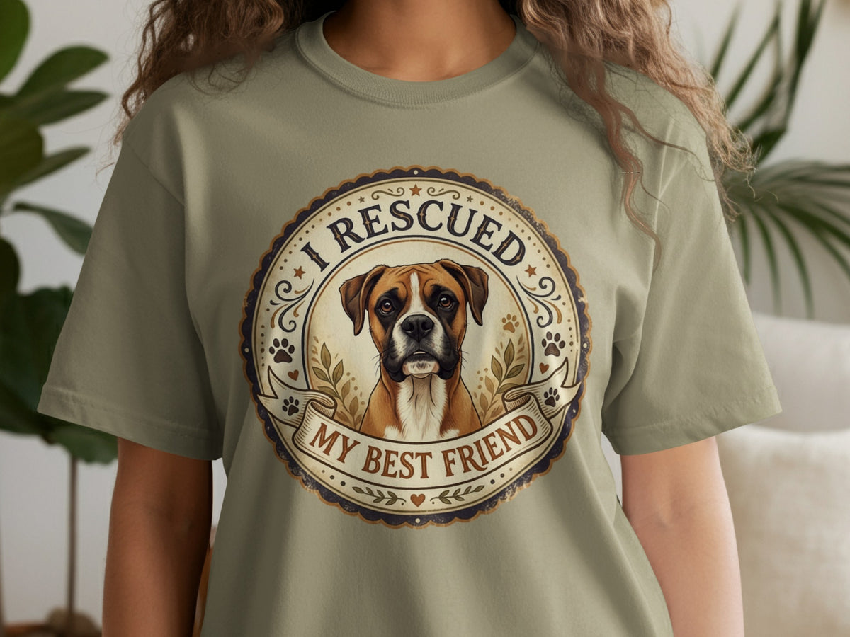 T-shirt graphic with a boxer dog portrait and text "I RESCUED MY BEST FRIEND."