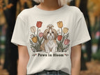 Cream t-shirt with Shih Tzu dog and tulips graphic, text "Paws in Bloom"